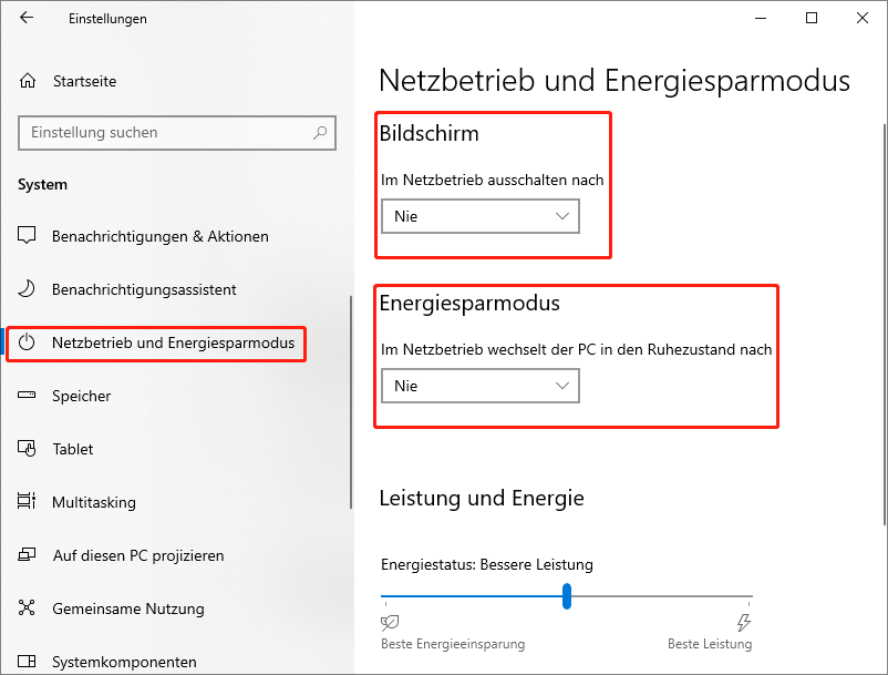 Einstellen von Bildschirm und Energiesparmodus.