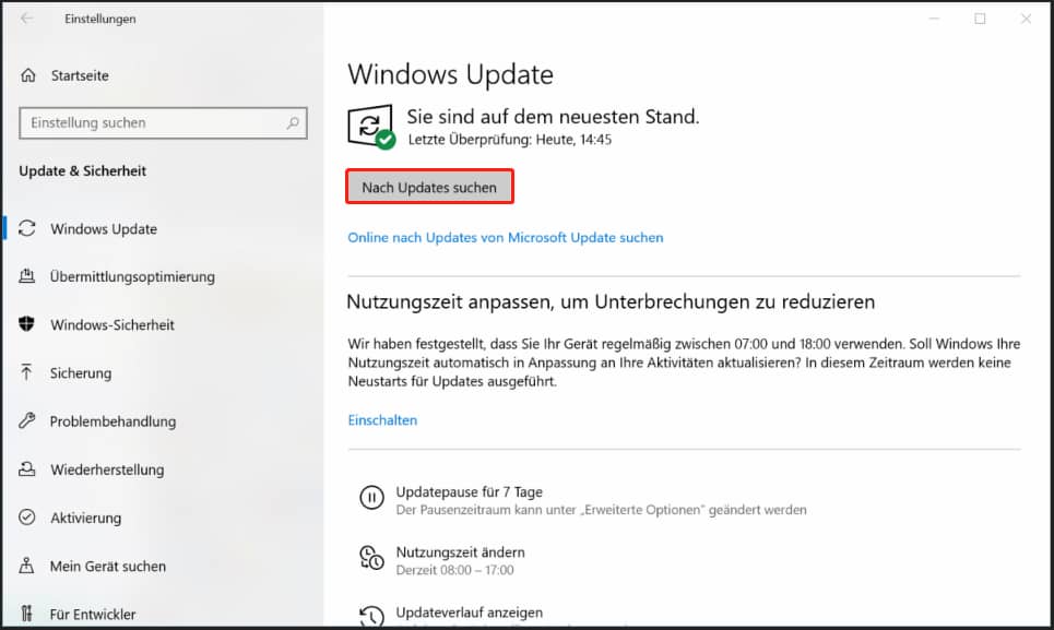 Klicken Auf die Option Nach Updates suchen.