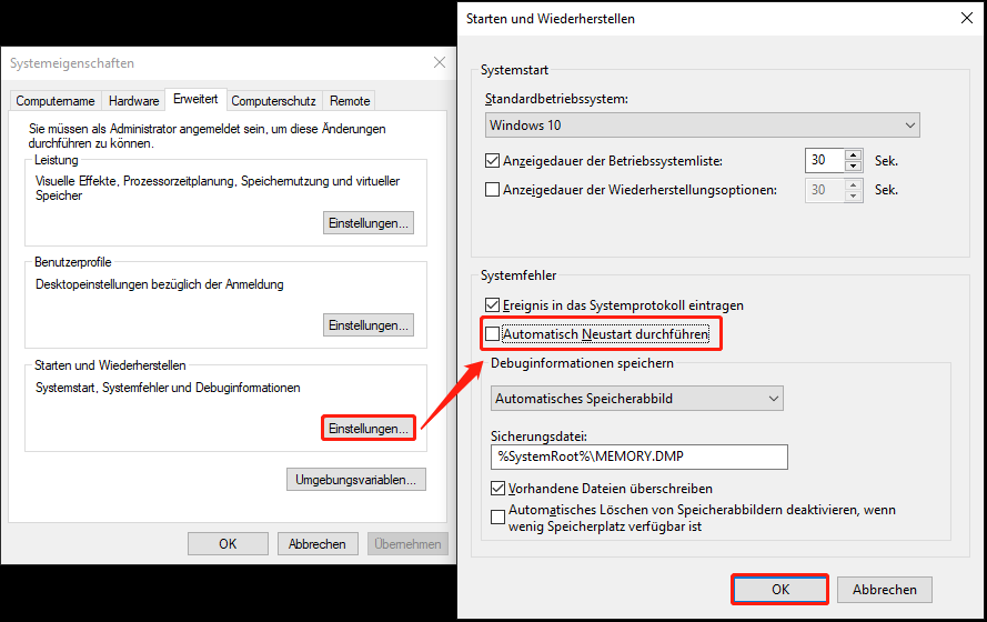 Deaktivieren der Option Automatisch Neustart durchführen und anschließendes Klicken auf OK.