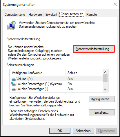 Klicken auf die Option Systemwiederherstellung.
