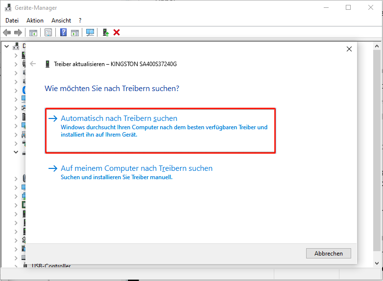 Auswählen der Option Automatisch nach Treibern suchen.