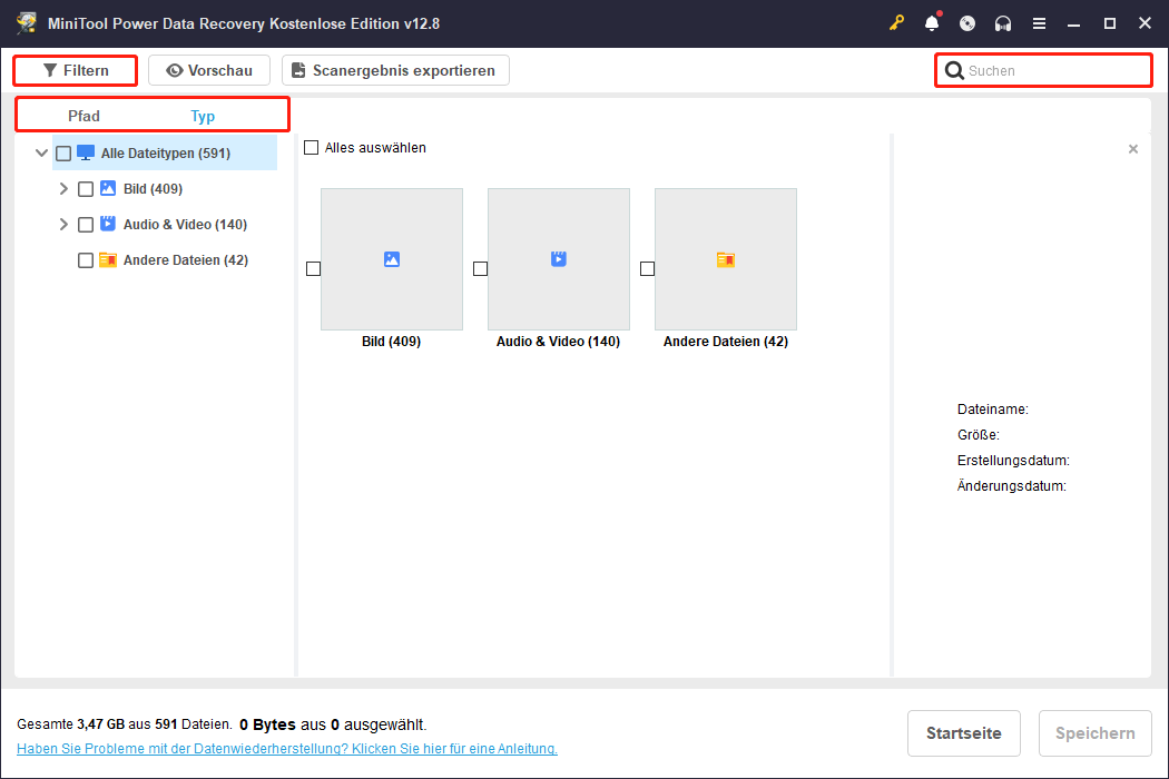 Übersicht der Funktionen von MiniTool Power Data Recovery.