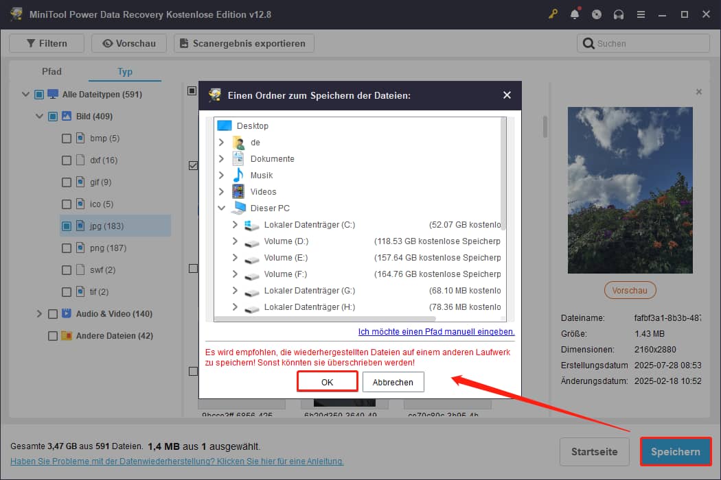 Auswählen eines sicheren Speicherorts und anschließendes Klicken zum Wiederherstellen der Dateien in MiniTool Power Data Recovery.