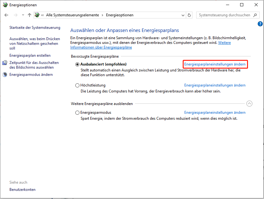 Klicken auf Energiesparplaneinstellungen ändern.