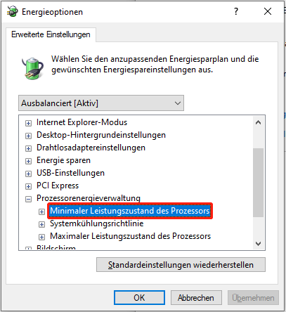 Doppelklicken auf die Option Minimaler Leistungszustand des Prozessors.