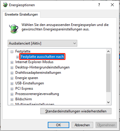 Doppelklicken auf die Option Festplatte ausgeschaltetem nach.