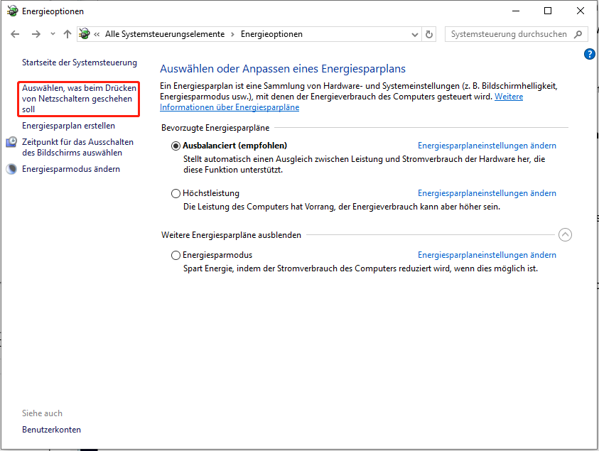 Auswählen der Option Auswählen, was beim Drücken von Netzschaltern geschehen soll.
