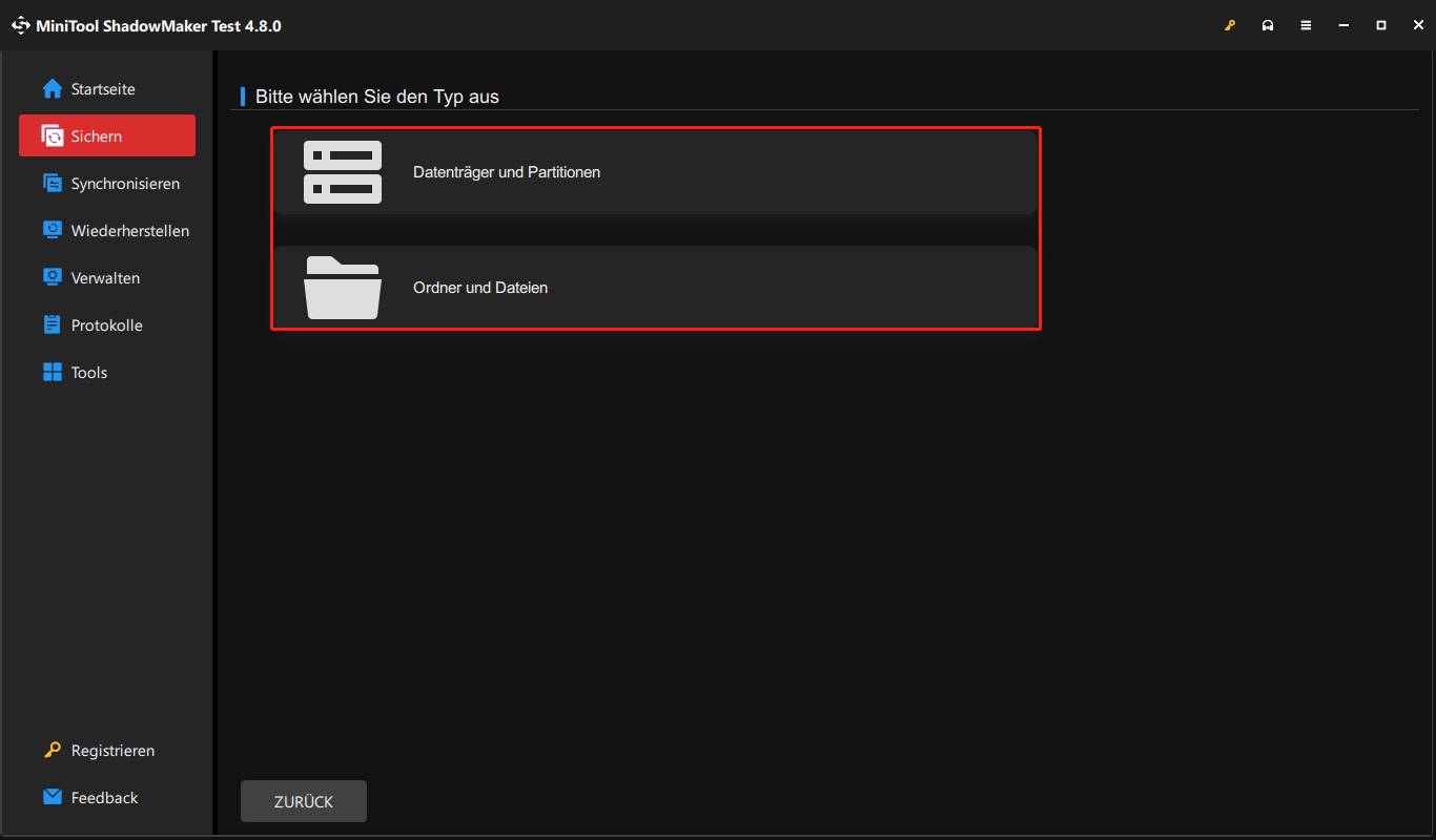 Auswahlbildschirm für die Sicherungsquelle in MiniTool ShadowMaker.