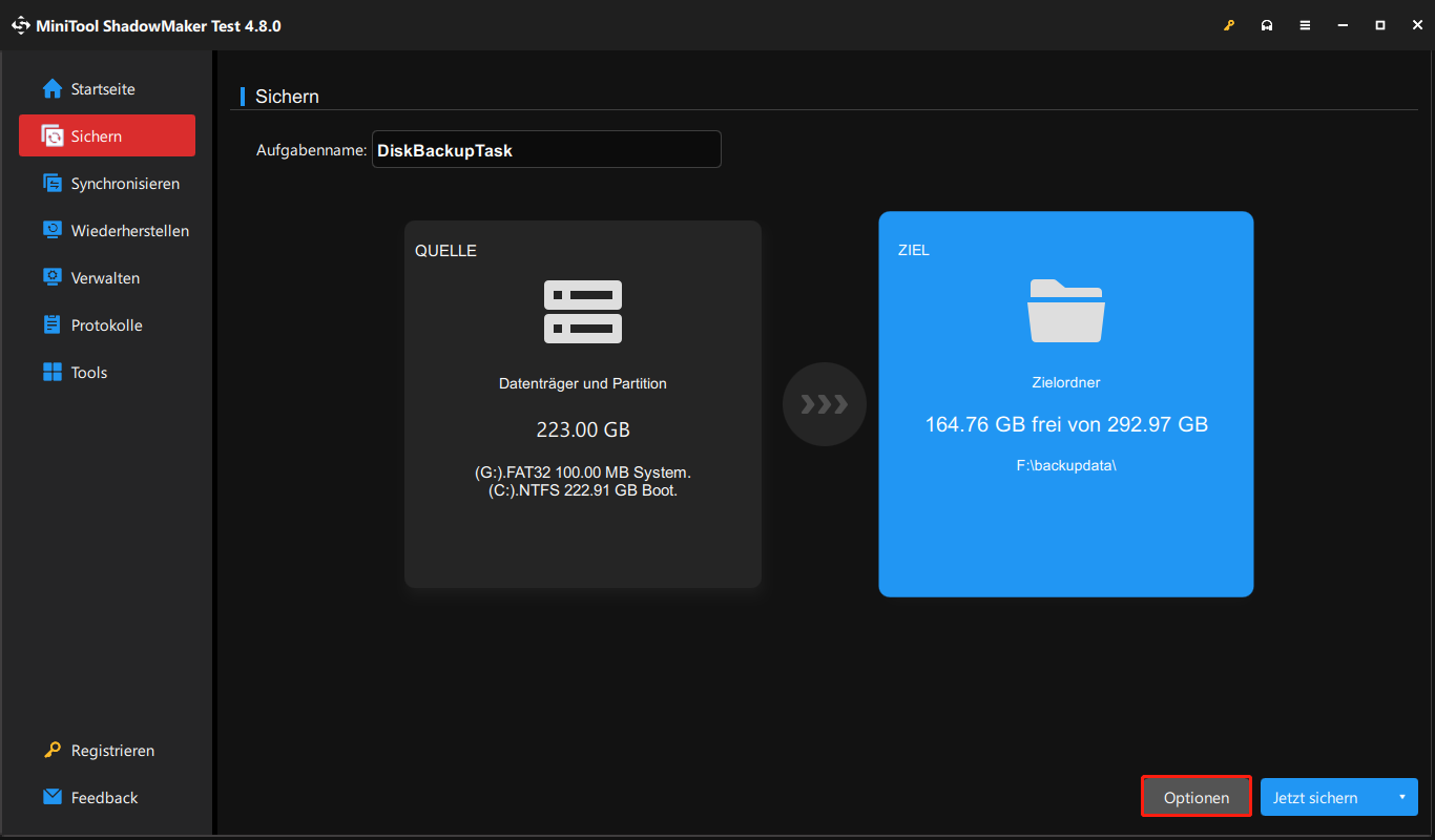 Options-Symbol zur Konfiguration der Sicherungseinstellungen in MiniTool ShadowMaker.