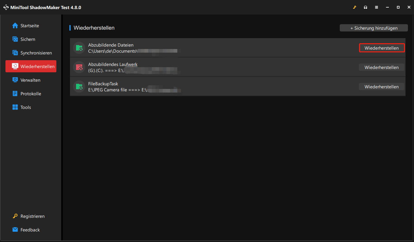 Wiederherstellen-Oberfläche in MiniTool ShadowMaker.