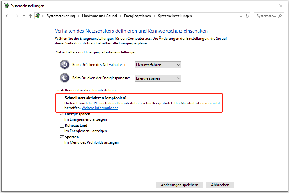 Fenster Energieoptionen in der Systemsteuerung mit deaktivierter Option Schnellen Start aktivieren.