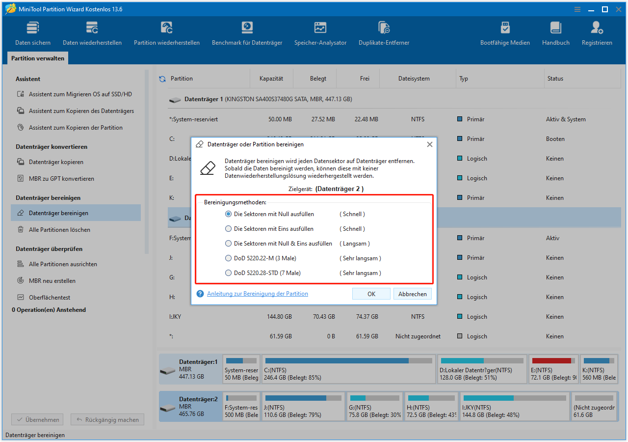 Das Fenster von MiniTool Partition Wizard mit einer ausgewählten Methode zum Löschen der Festplatte, z. B. Die Sektoren mit Nullen ausfüllen.
