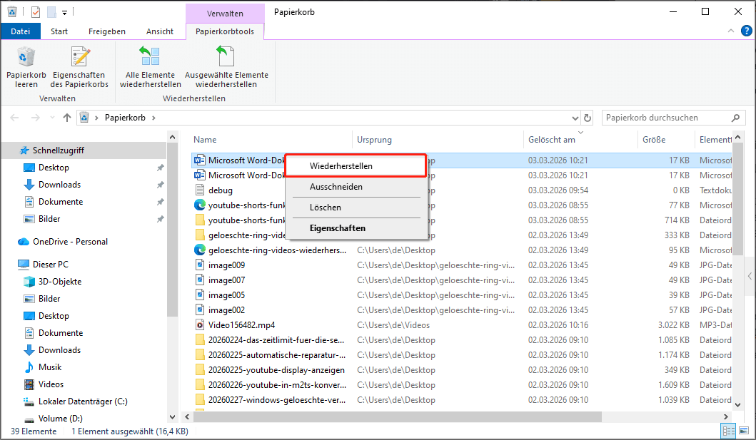 Klicken Sie auf die Schaltfläche Wiederherstellen, um das gelöschte Dokument wiederherzustellen.