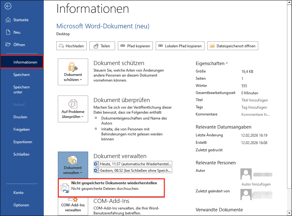 Klicken Sie auf Nicht gespeicherte Dokumente wiederherstellen.