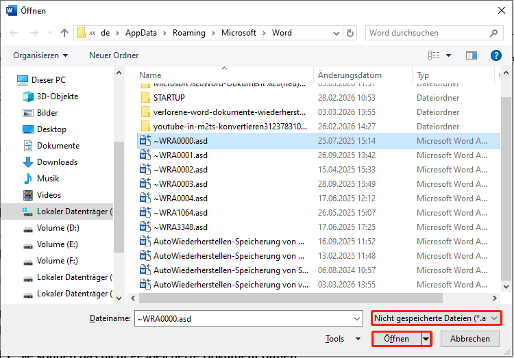 Öffnen Sie die automatisch gespeicherte .asd-Datei.