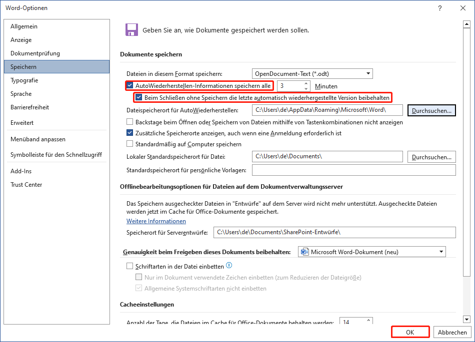 Überprüfen Sie die beiden Optionen und klicken Sie auf OK.