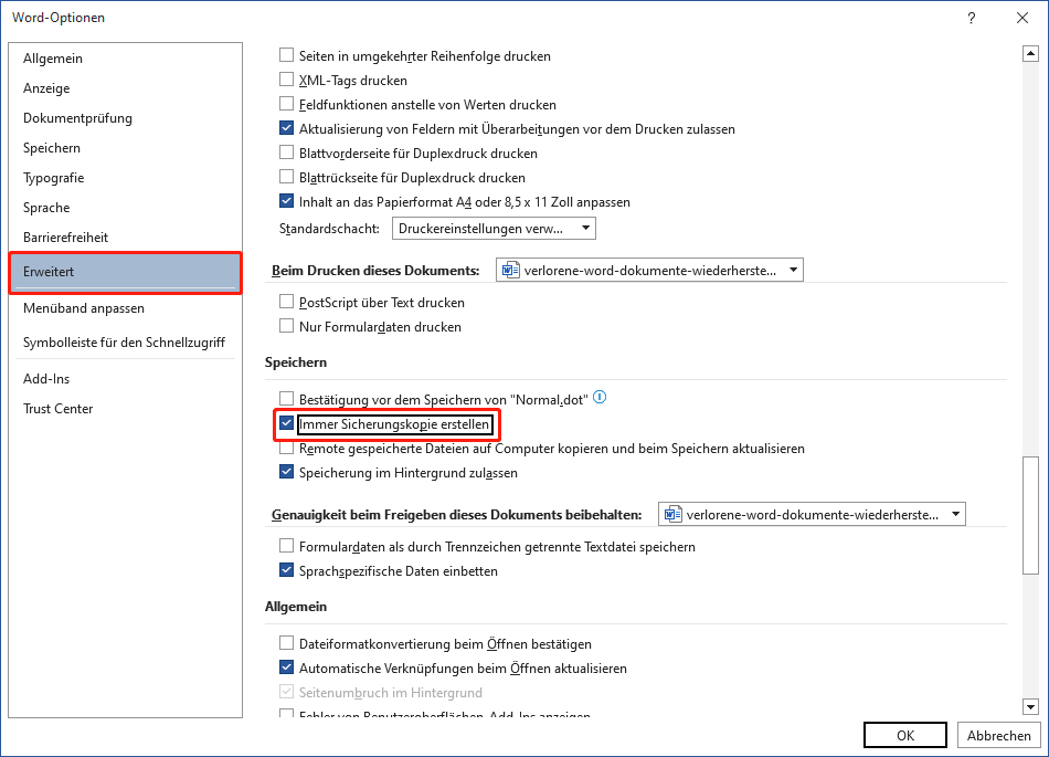 Überprüfen Sie die Option Immer eine Sicherungskopie erstellen.