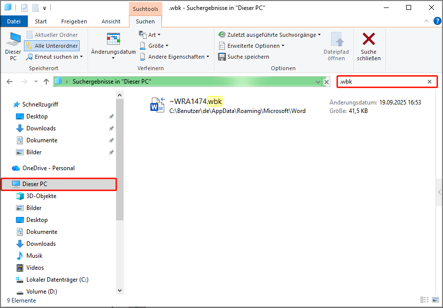 Suchen Sie nach den .wbk-Dateien.