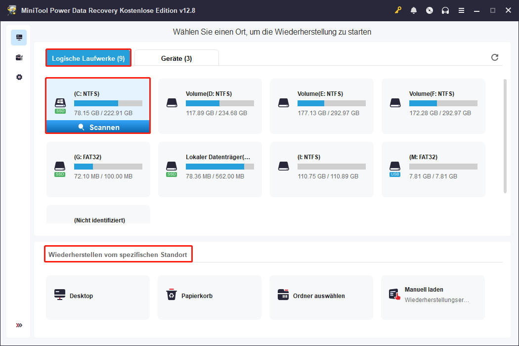 Scan der Zielpartition im Tab Logische Laufwerke oder Aus spezifischem Speicherort wiederherstellen in MiniTool Power Data Recovery.