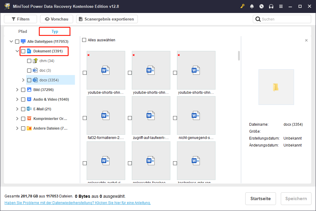 Finden Sie den Dokument-Dateityp, indem Sie die Typ-Funktion in MiniTool Power Data Recovery verwenden.
