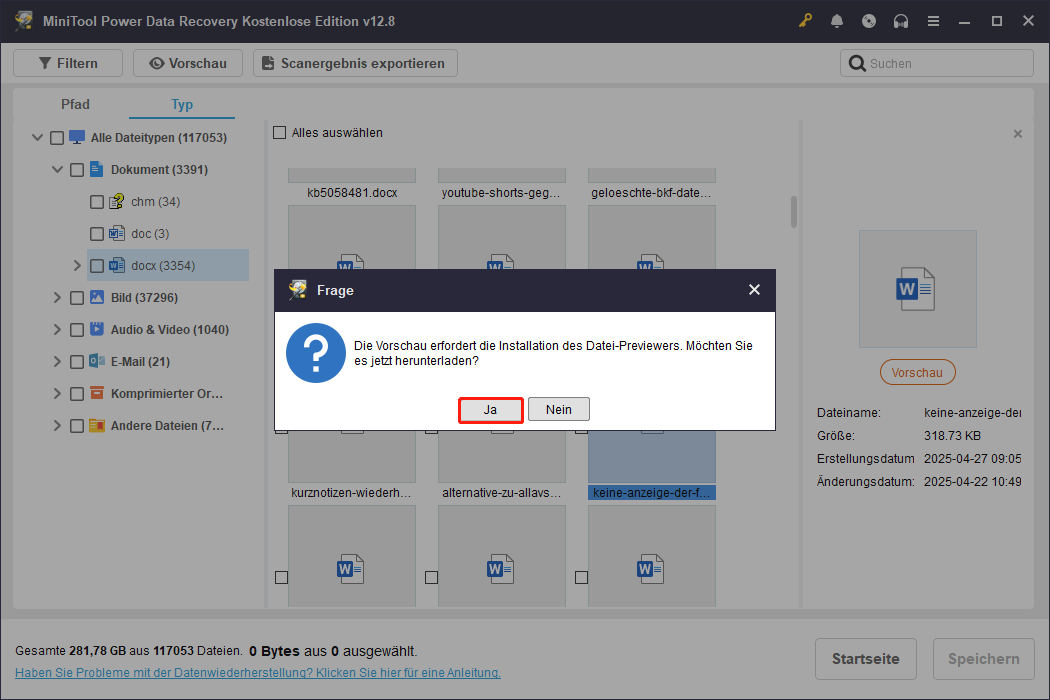 Klicken Sie auf Ja, um das Dokument in MiniTool Power Data Recovery vorzuschauen.