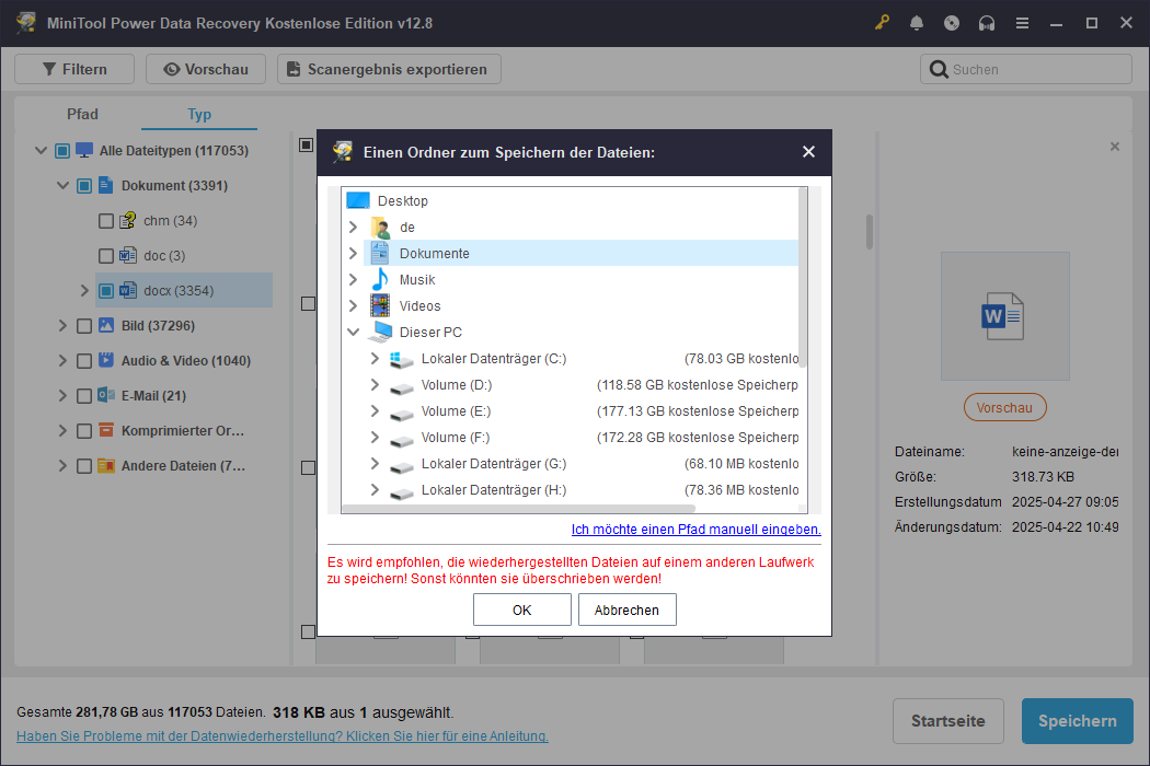Speichern Sie die gewünschten Dateien in MiniTool Power Data Recovery.