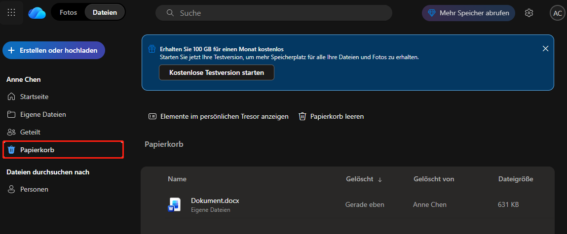Gehen Sie zum OneDrive-Papierkorb, um Dokumente wiederherzustellen.