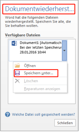 Das Dokumentwiederherstellung-Panel auf der linken Seite.