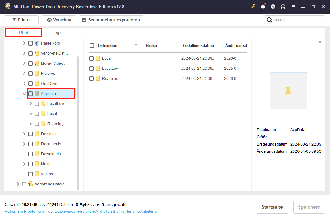 Vorherige Version des AppData-Ordners wiederherstellen.