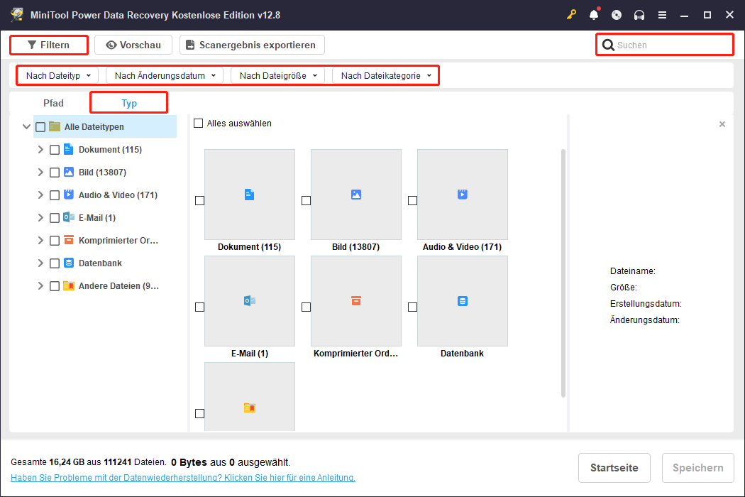 Filtern-, Typ- und Suchfunktionen in MiniTool Power Data Recovery verwenden.