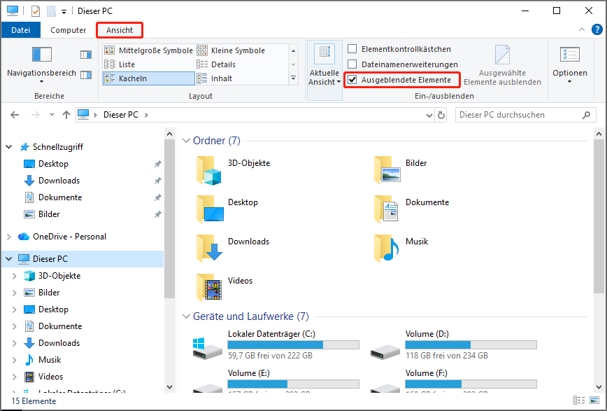 Auswahl versteckter Elemente im Ansichtregister.