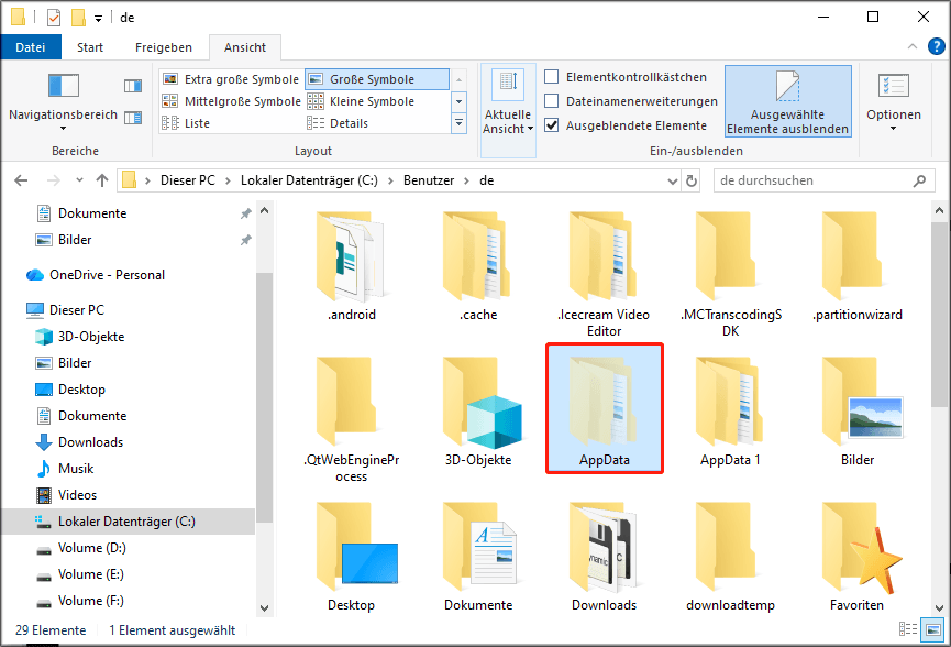 AppData-Ordner im Benutzerverzeichnis suchen.