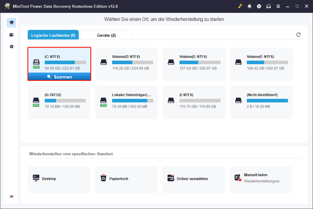 C-Laufwerk-Partition in MiniTool Power Data Recovery scannen.