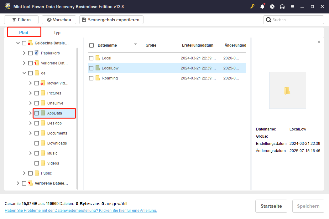 AppData-Ordner mit der Pfad-Funktion von MiniTool Power Data Recovery finden.