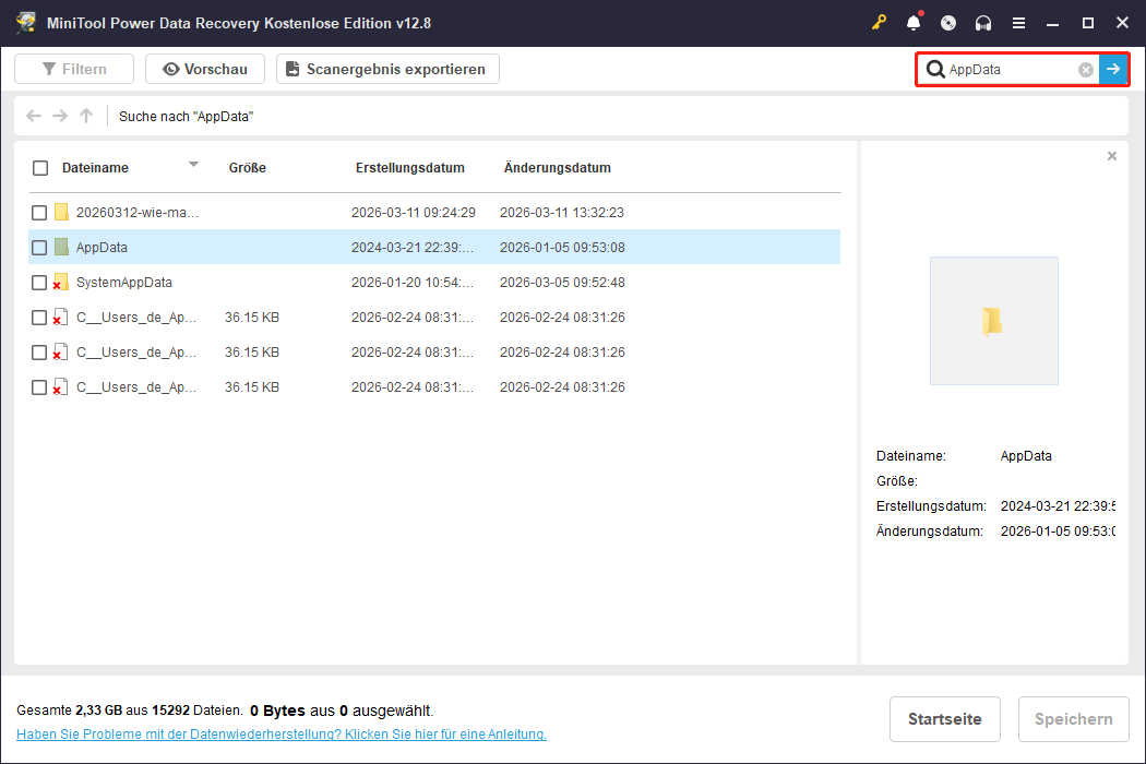 AppData-Ordner mit der Suchfunktion in MiniTool Power Data Recovery finden.