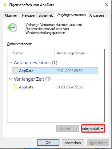 Vorherige Version des AppData-Ordners wiederherstellen.