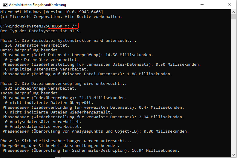 Geben Sie CHKDSK [Laufwerksbuchstabe]: /r ein, um fehlerhafte Sektoren auf der SD-Karte zu erkennen.