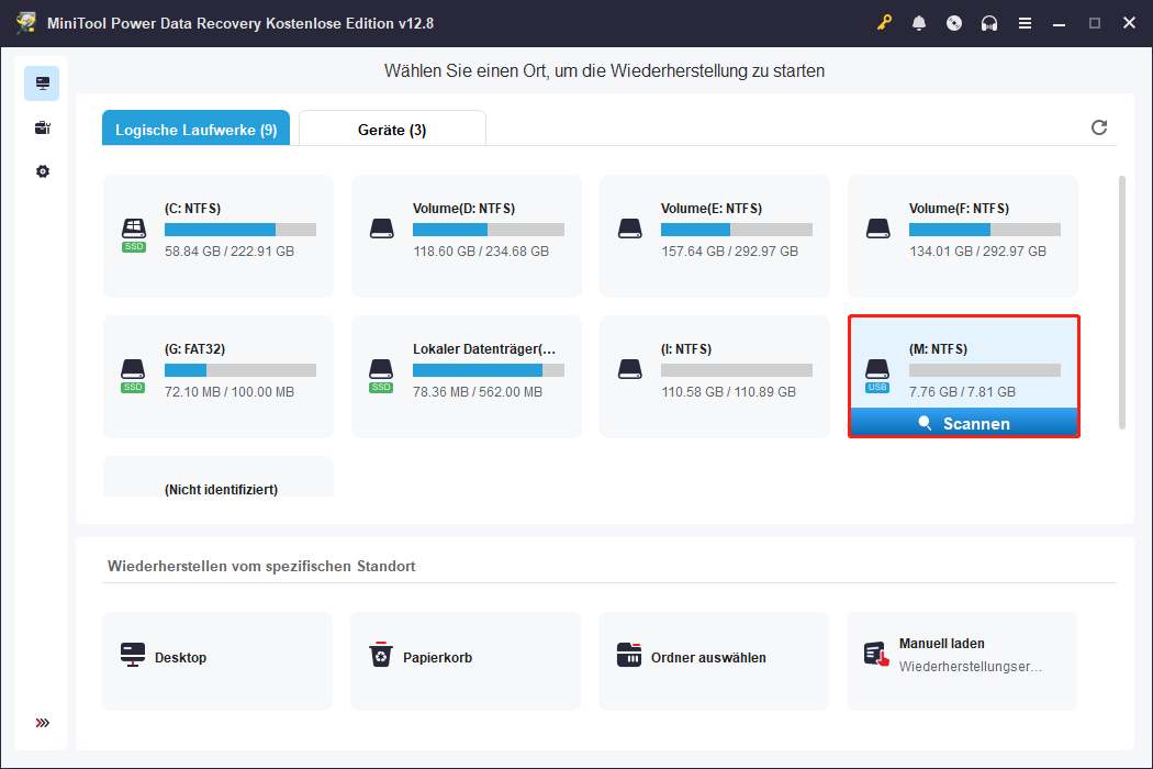 Die Hauptoberfläche von MiniTool Power Data Recovery mit vielen aufgelisteten Partitionen.