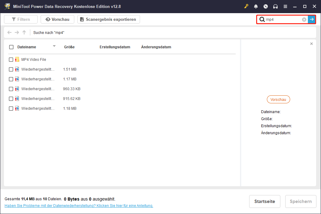 Die Suchfunktion zum Auffinden von Dateien in MiniTool Power Data Recovery.