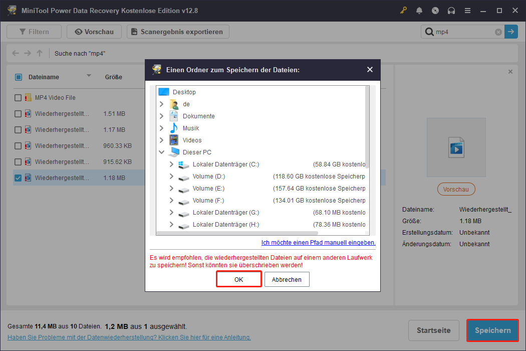 Ausgewählte Videos in MiniTool Power Data Recovery speichern.
