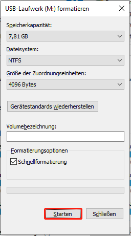 Klicken Sie auf die Schaltfläche Start, um die SD-Karte zu formatieren.