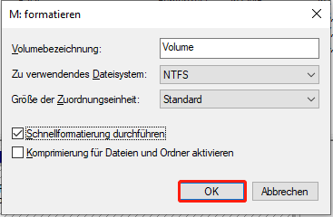 Klicken Sie auf OK, um den Formatierungsvorgang zu starten.