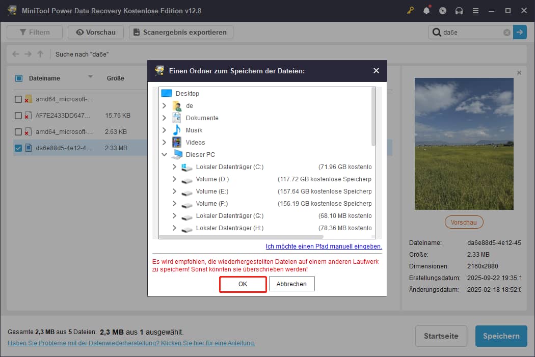 Auswahl eines Speicherorts und Auswahl der Schaltfläche „OK“ zur Wiederherstellung der Dateien in MiniTool Power Data Recovery.