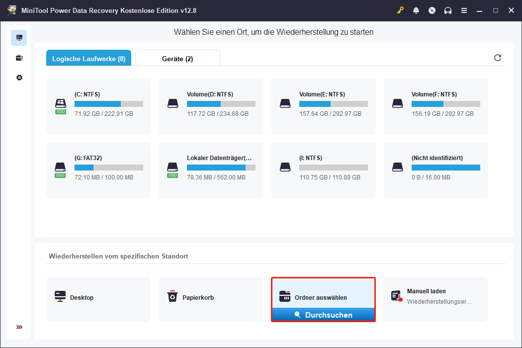 Auswahl der Schaltfläche Durchsuchen im Abschnitt Ordner auswählen in MiniTool Power Data Recovery.
