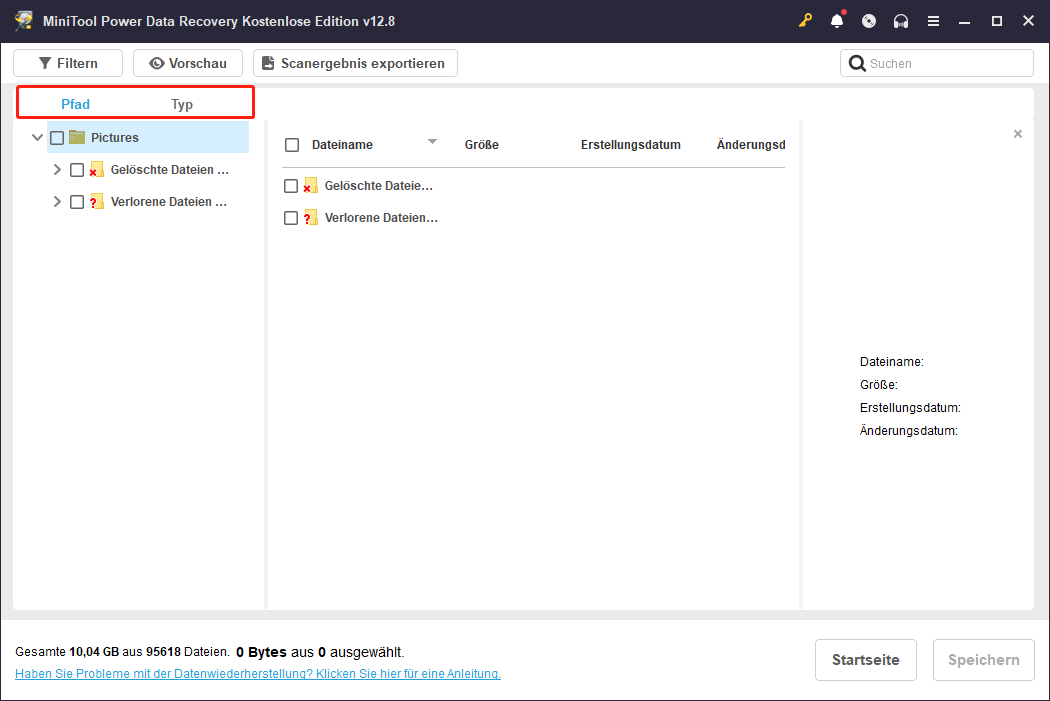 Die Funktionen Pfad und Typ in MiniTool Power Data Recovery.
