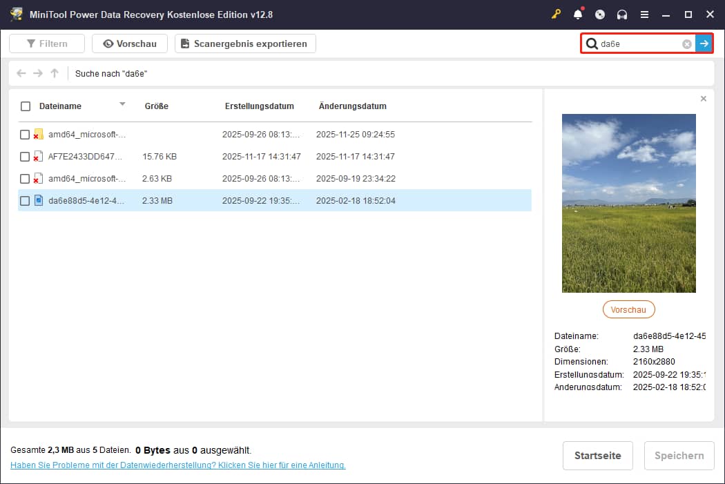 Verwendung der Suchfunktion zur Auffindung gewünschter Dateien in MiniTool Power Data Recovery.