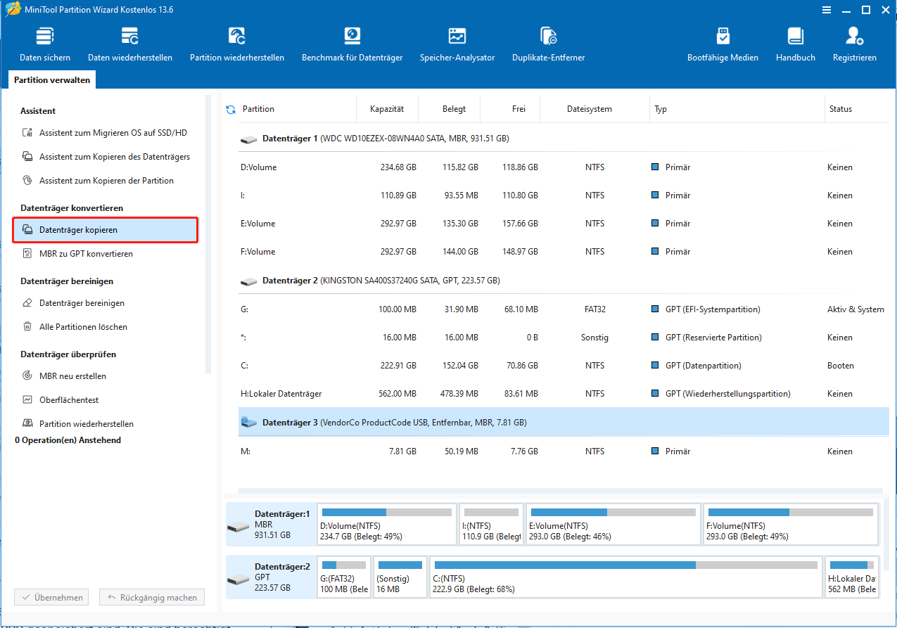Auswahl der Funktion Datenträger kopieren im Aktionsbereich von MiniTool Partition Wizard.