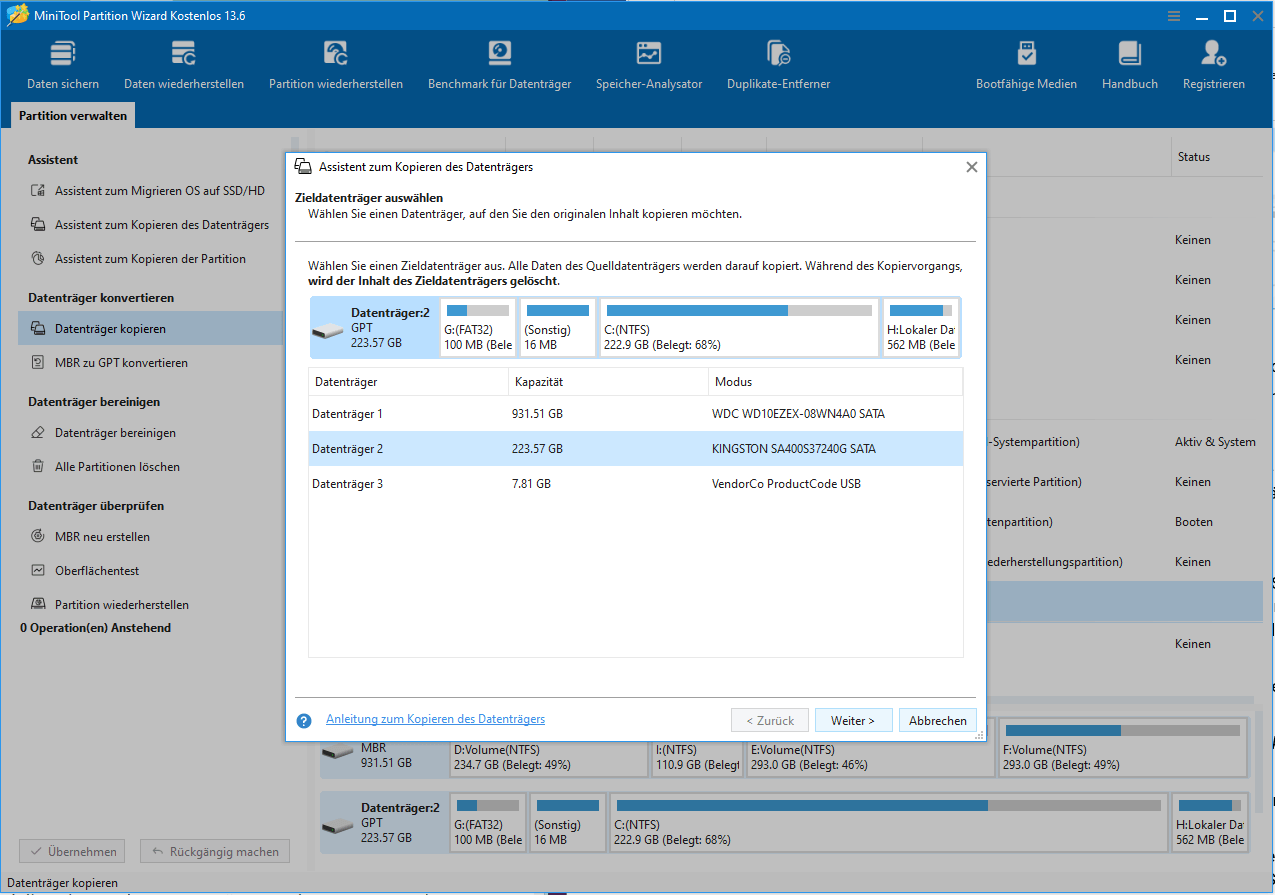 Auswahl eines Datenträgers zum Kopieren des Quelldatenträgers in MiniTool Partition Wizard.