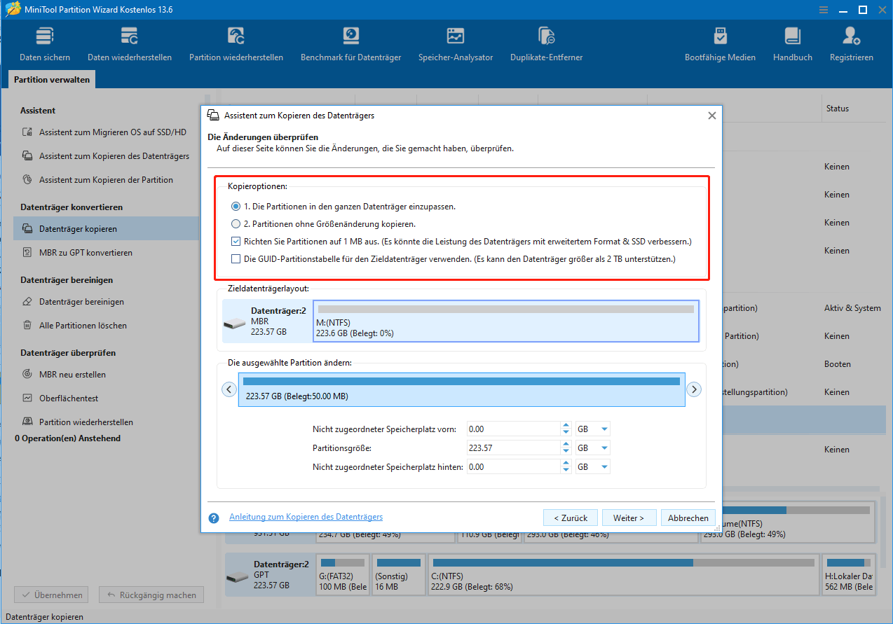 Überprüfung der Änderungen und Anpassung der Einstellungen in MiniTool Partition Wizard.