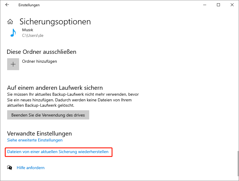 Auswahl der Option Dateien von einer aktuellen Sicherung wiederherstellen.